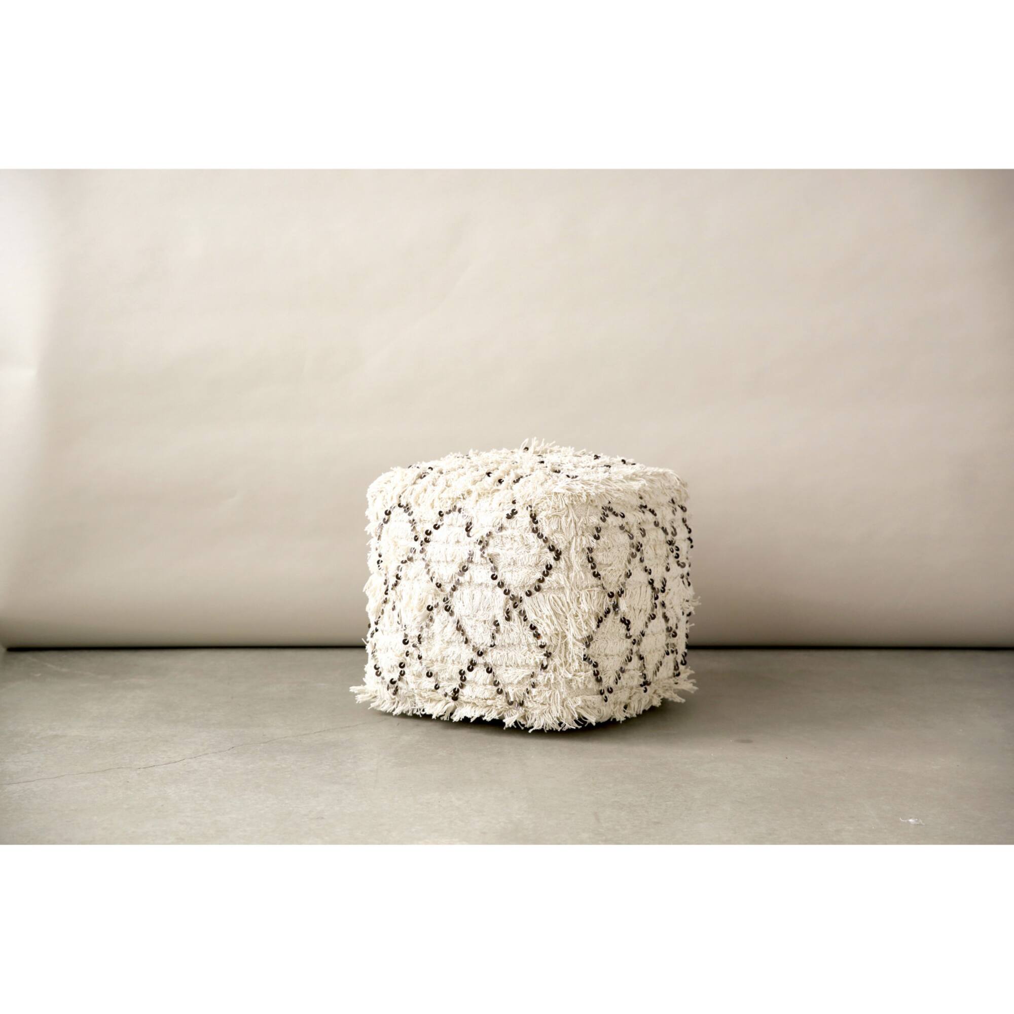 Hello Honey® 16" White Moroccan Wedding Quilt Pouf with Fringe & Sequins
